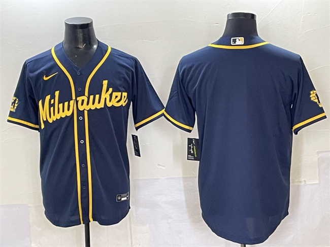 Men's Navy Milwaukee Brewers Blank 2025 With Patch Stitched Baseball Jersey